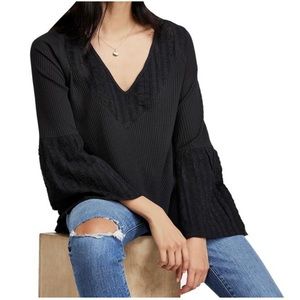 Free People Black Parisian Nights Flare Sleeve Waffle Knit BOHO Top M NWT Lace